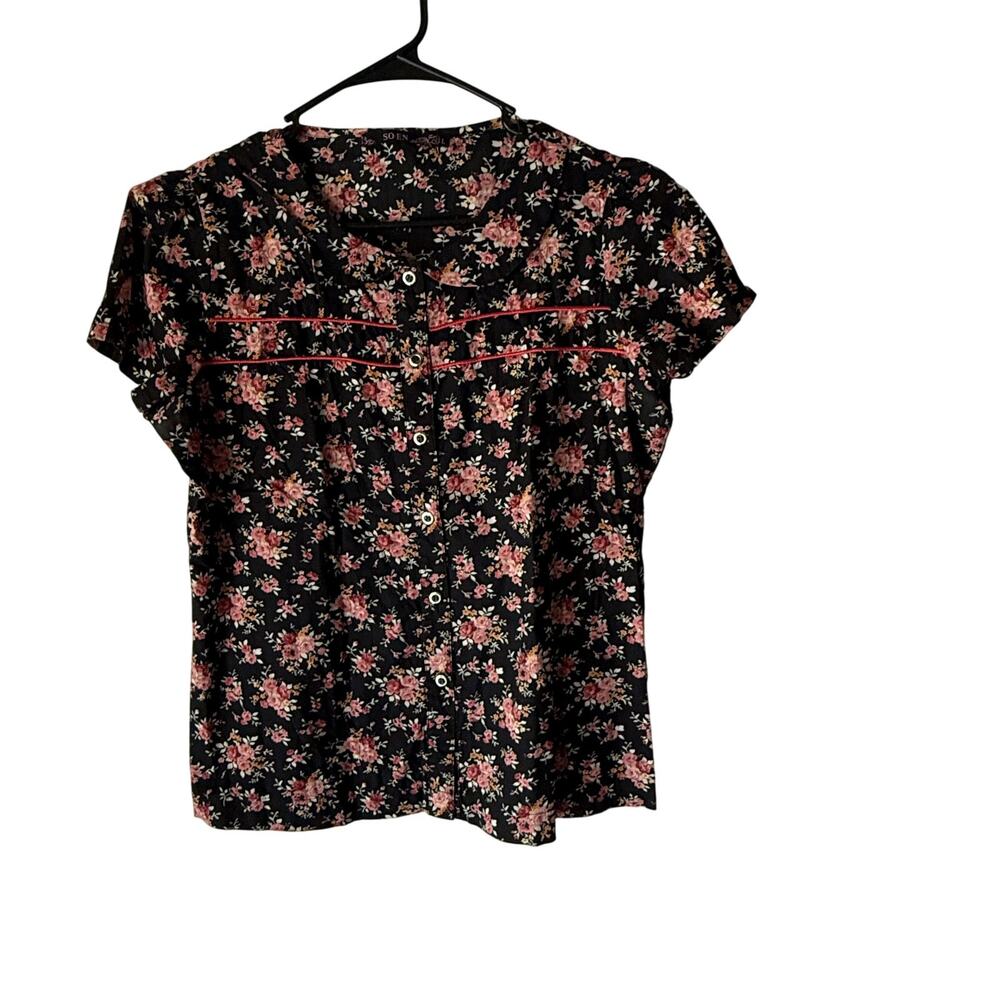 So-En Shirt‎ Large Black Pink Floral Button Up Short Sleeve Japanese Peasant